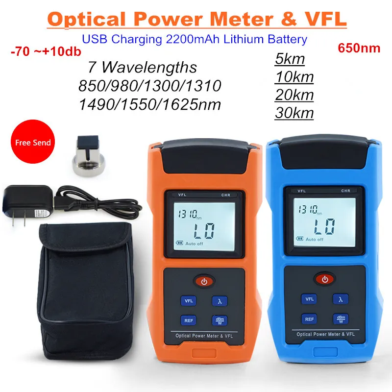 DHL Shipping 2 in 1 Fuction Optical Power Meter -70 ~+10db With VFL USB Charging 2200mAh Lithium Battery 7 Wavelengths 10KM 20KM new 9v 650mah lithium ion fast charging battery type c usb multimeter lithium microphone metal detector cable free shipping