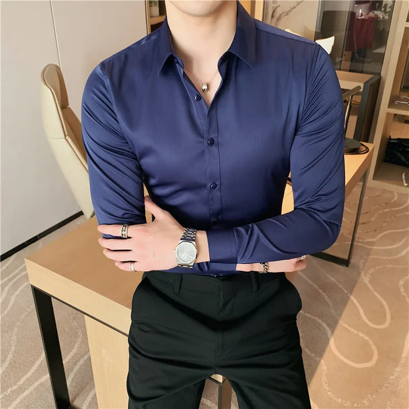 Plus Size S-7XL Men Dress Shirt Autumn Long Sleeve Solid Business Slim Shirt Homme Social Casual