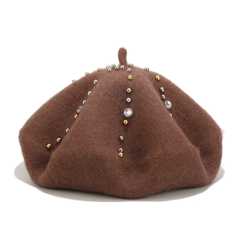 taupe KASURE, модные, зимние, теплые, Роскошные, с кристаллами, с заклепками, Ретро стиль, однотонные береты для женщин, плоские шапки, шапки художника, теплые, элегантные, берет для женщин - Цвет: taupe