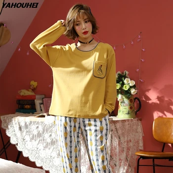 

2019 Autumn Winter 100% Cotton Pajama Sets For Women Long Sleeve Cartoon Print Pyjama Pijama Mujer Lounge Homewear Home Clothing