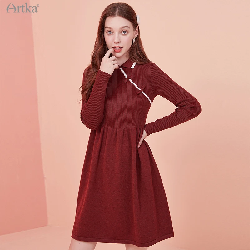 

ARTKA 2020 Winter New Women Dress Elegant Soft Cheongsam Design Dresses Long Sleeve Wool Knitted Sweater Dress Women LB25007D