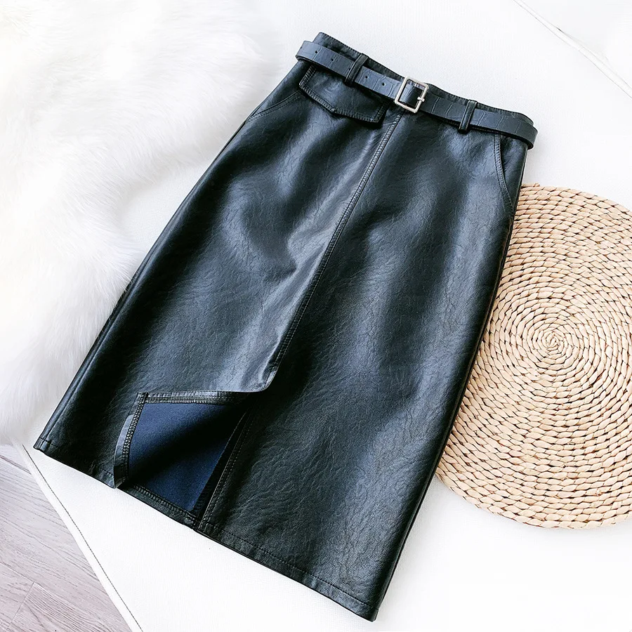 Autumn Black Faux Leather Midi Pencil Skirts with Belt Front Split Retro Slim Temperament Knee Length OL PU Leather Skirts