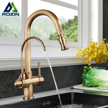 Rozin Filter Water Kitchen Faucet 2 in 1 Antique Brass Pull Out Nozzle Kitchen Purification Crane 2 Ways Swivel Mixer Tap 1