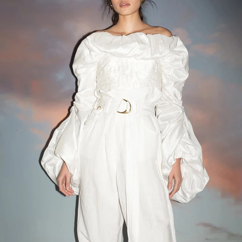 

Ruched Ruffles Blouses Womens Slash Neck Lantern Long Sleeve Slim Short Shirts For Female Fashion Clothes 2019 Tide