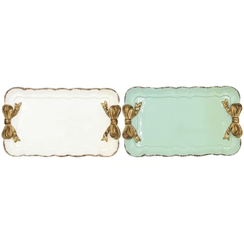 

2pcs Retro Bow Storage Tray Resin Decoration Jewelry Fruit Tray Food Storage Box Cosmetics Storage Box - green & white