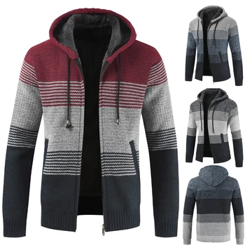 

Men Sweater Coat 2019 Winter Thick Warm Hooded Cardigan Jumpers Men Striped Cashmere Wool Liner Zipper Fleece Coats Men Knitted