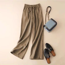 

Art Style Casual Loose Cotton Linen Women Pants Solid Elastic High Waist Drawstring Drape Wide Leg Streetwear Female Sweatpants