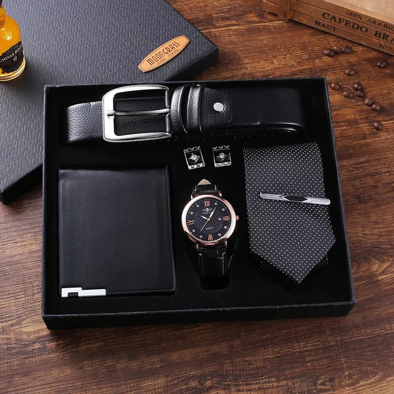 

Luxury Men's Watch Set Leather Belt Folding Wallet Tie with Tie Clip Fashion Cufflinks Sets Men Unique Gift for Mens Boyfriend