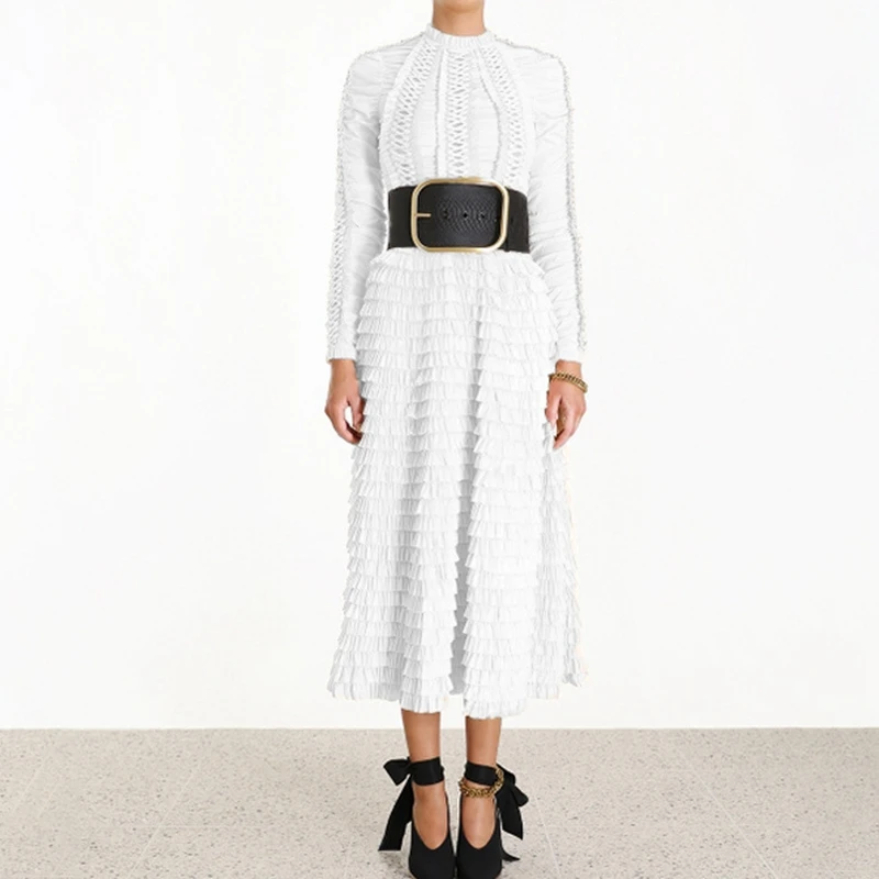 

2019 Autumn Winter Women Long Sleeve White Black Runway Dresses for Party