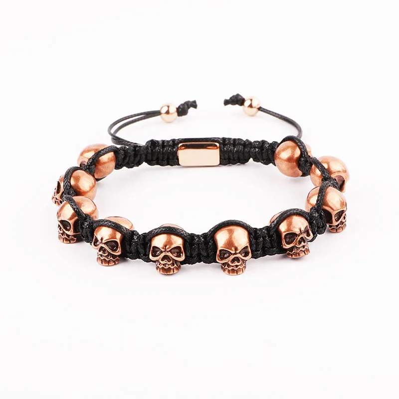 High Quality Vintage Brass Skull Charm Handmade Briaded Adjustable Macrame Beads Bracelet For Men - Image 6