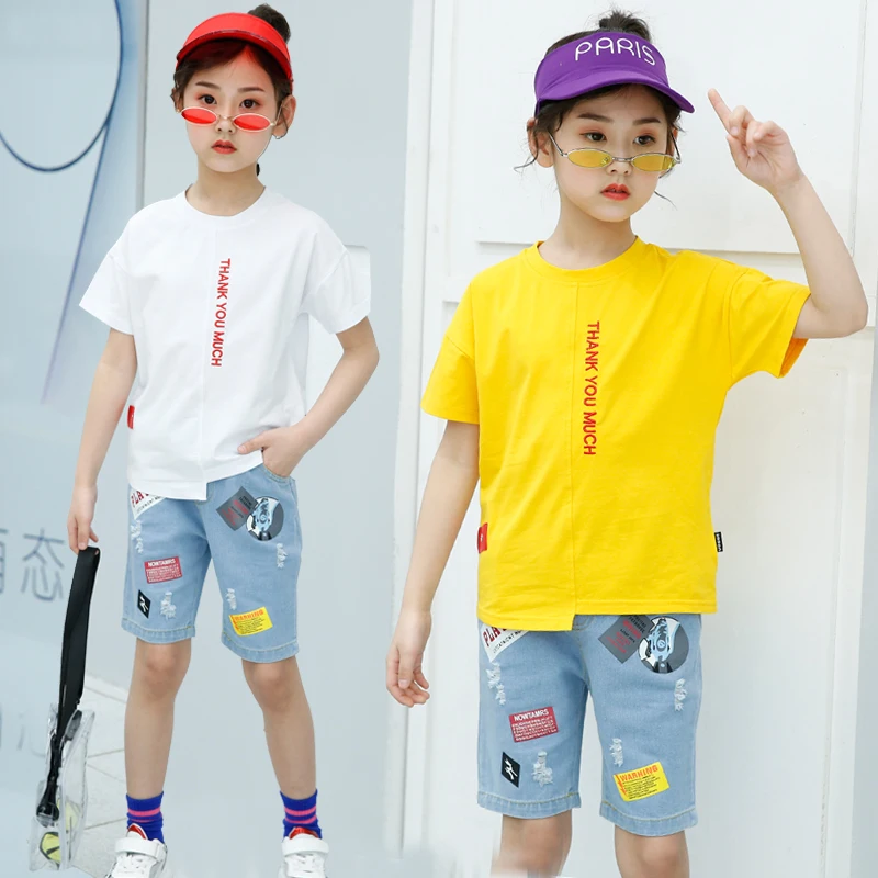 Street Style Children Kids Summer Outfits Fashion Letter Girls Yellow Children's Cloth Clothing T Shirt Jeans Pants Clothes Set