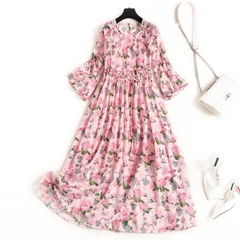 

Women chiffon floral summer dress new 2020 flare sleeve ruffles drawstring waist bow tie cute pink dresses yellow