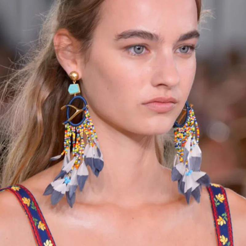 

KOMi Bohemian New Beads Plumage Tassel Earrings Multicolor Drop Earrings for Women Charm Ear Jewelry Gift F0231