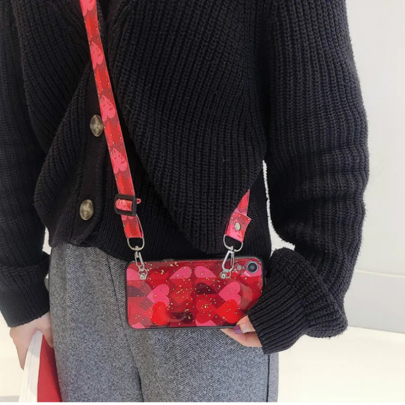 Crossbody strap12 Роскошный блестящий Винтажный чехол для телефона с сердечком и цепочкой для samsung galaxy note10 S10 S8 S9 plus note8 note9 s10e чехол шарф - Цвет: Crossbody strap12