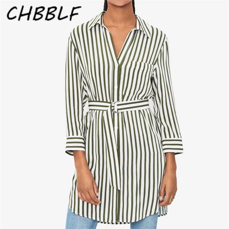 

CHBBLF women elegant striped blouse turn down collar female stylish belt shirts chic wear tops O9235