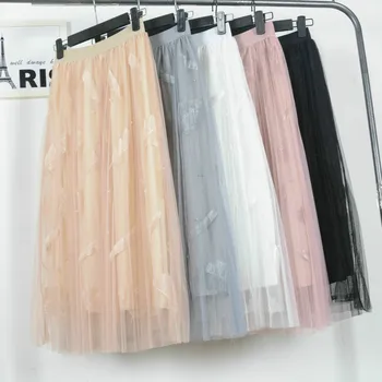 

RIISDA Embroidery Beading Spring Summer Women Tutu Skirts High Waist Long Midi Tulle Skirt Elegant A-Line Ball Gown Skirt Femme