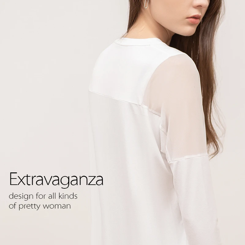 Autumn and Winter top WOMEN'S Dress Gauze Joint Perspective Elegant Long Sleeve Crew Neck Large Size Loose T-shirt woman tshirts