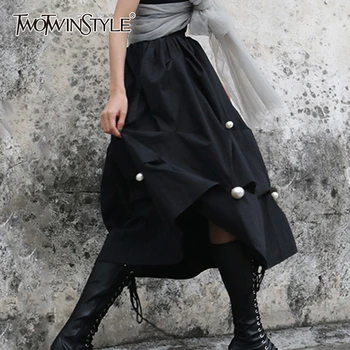 

TWOTWINSTYLE Casual Patchwork Peals Skirt Women High Waist Elegant Midi Irregular Ruched Skirts For Female Clothing 2020 Fashion