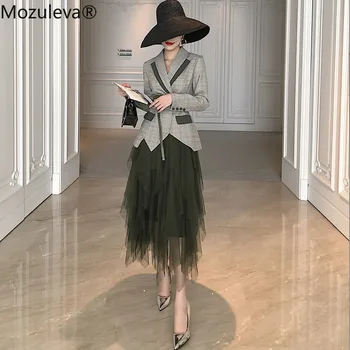 

Mozuleva 2020 Spring Women Grey Plaid Blazer Check Office Sashes Jacket+Elastic Waist Army Green Mesh Skirt Set 2-Pieces Outfits