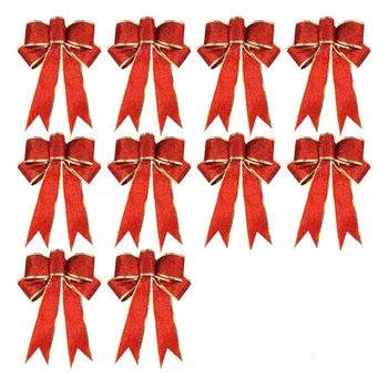 

10 Pcs Glitter Christmas Tree Bow Ribbon Bows, Long 10 Inches and Wide 8 Inches Christmas Tree Hanging Ornaments for Holiday Chr