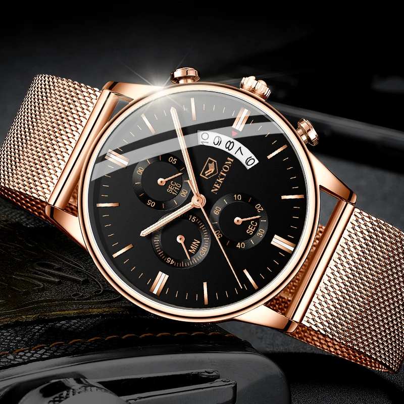 

New Brand NEKTOM Wrist Watch Steel Belt Mesh Belt Rose Black Color 30M Waterproof Carnival Watch Military Sport Reloj Hombre