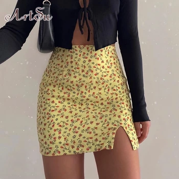 

ArtSu Floral Printed Mini Skirts Women Split Vintage High Waist Short Skirt Ladies Fashion Bodycon Ladies Skirt Summer ASSK28002