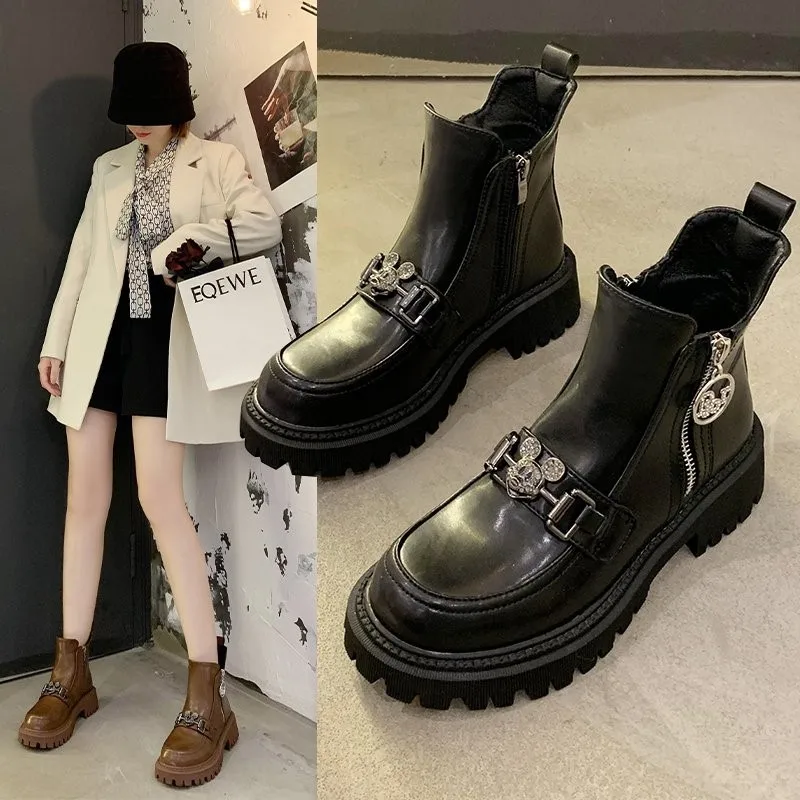 

2020 Spring autumn fashion leisure reflective oil leather strap solid color Martin motorcycle boots flat shoes for women