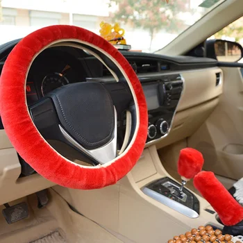 

3Pcs/Set Steering Wheel Cover Winter Warm Soft Plush Fluffy Steering Wheel Cover with Stop Lever + Hand Brake Covers
