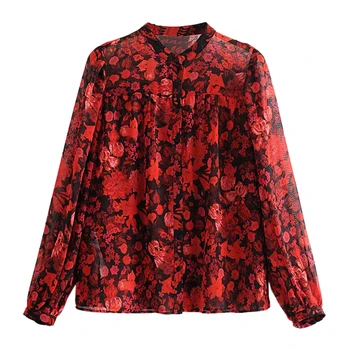 

Fashion Office Wear Floral Print Chiffon Blouses Vintage O Neck Long Sleeve Female Shirts Blouse FFZSY556