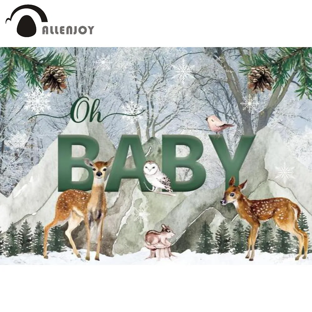 

Allenjoy Oh Baby Shower Winter Background Deer Forests Snow Scenery Birthday Party Mountains Cute Animals Photozone Backdrop