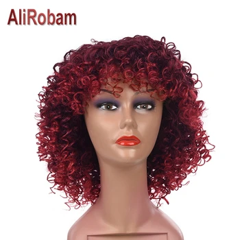 

AliRobam Medium Length afro Kinky Curly Wig Heat Resistant Synthetic Hair Wigs for African American Women Grey Brown