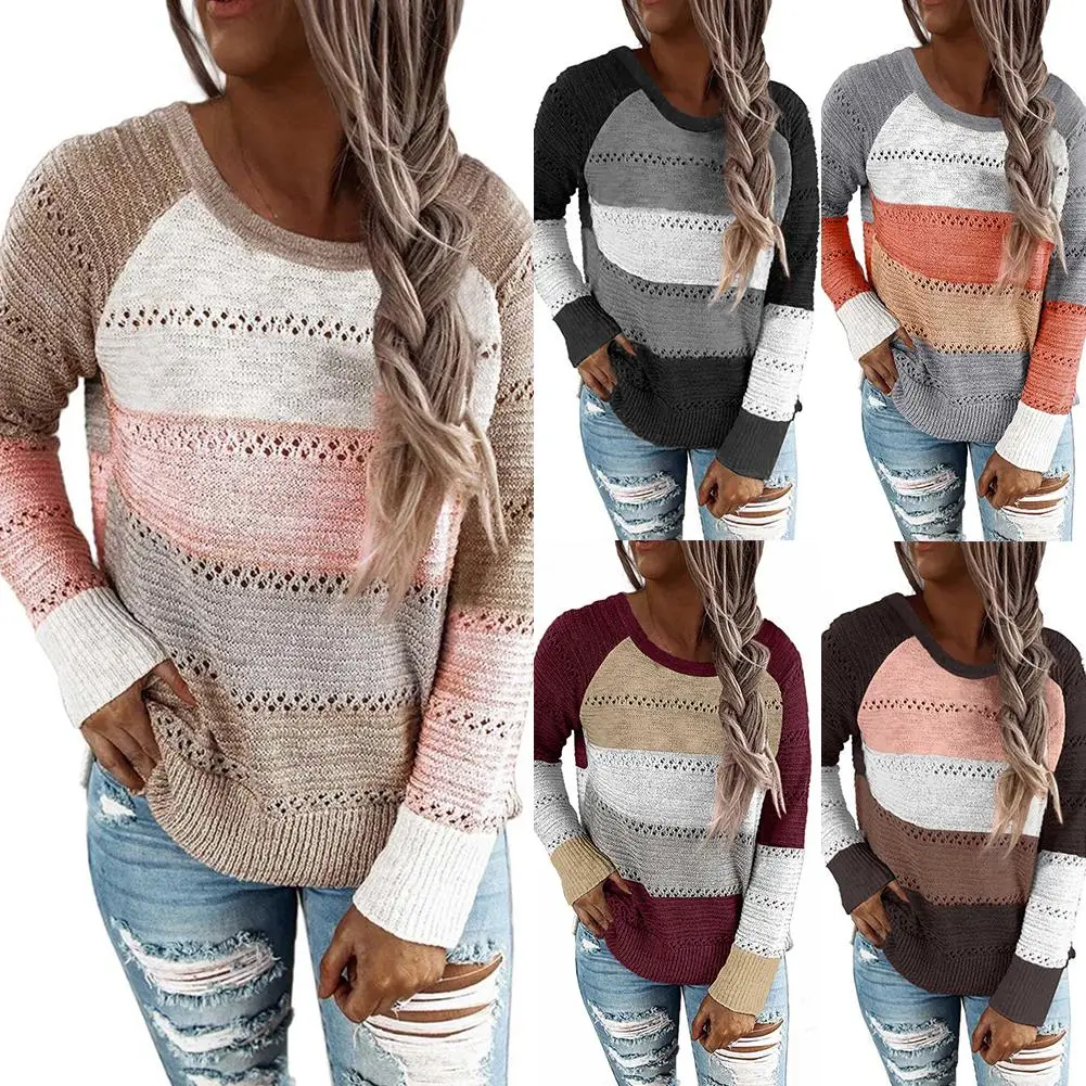 

Women Autumn Winter Long Sleeve Color Block Knitted Sweater Hollow Out Jumpers Hollow out jumpers features color block, making y