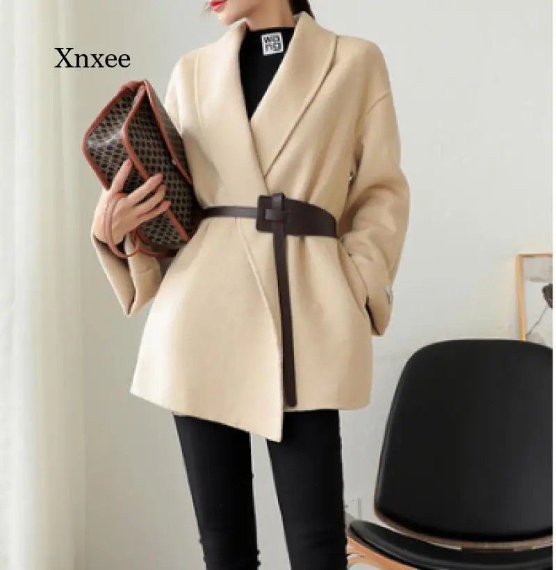 

2021 Solid Wool Coat Double Cashmere Coat Women's Spring Winter New Style Black Slim Cape Woolen Coat Trench Loose Windbreaker