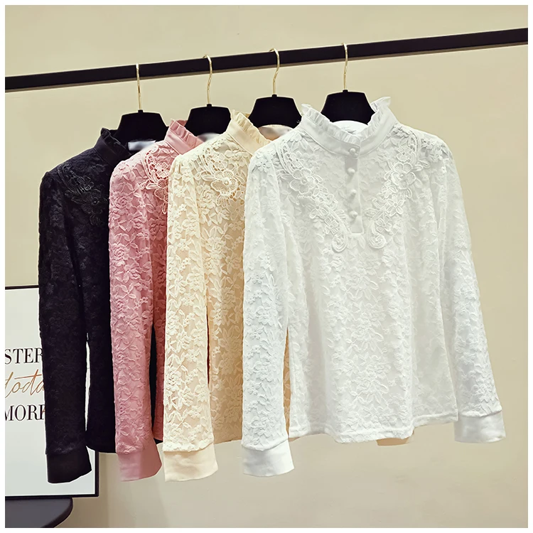 Plus Velvet Cotton Lace Shirt Women's Long Sleeve Autumn Winter All-match Shirt Tops Temperament Interior Jacket Girls Ladies