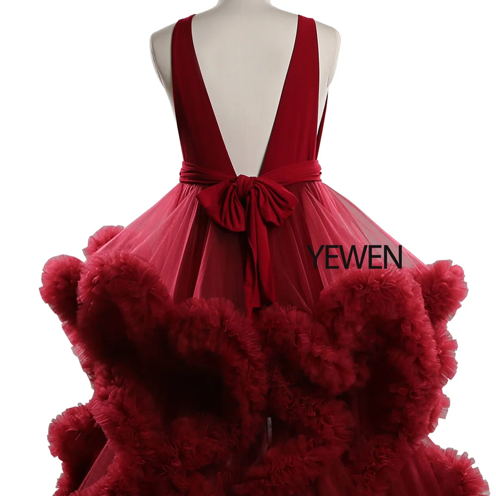 Burgundy White Strech Fabric V Neck Tulle Cloud Dress Maternity Gown For Photoshoot Yewen petite formal dresses & gowns