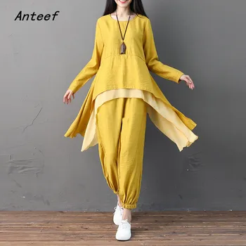 

long sleeve plus size vintage autumn casual 2 two piece set loose t shirt women t-shirt ladies tshirt 2020 clothes tops pants