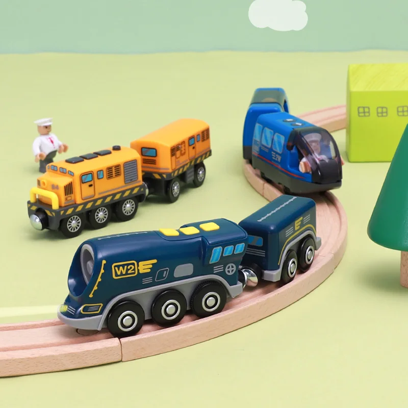 배터리 작동 기관차 기차 세트 강력한 엔진 총알 전기 기차 자동차 장난감 Biro 나무 철도 트랙 키즈 선물에 적합