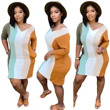 Robe Patchwork de couleur pour femmes, décontractée, avec poche, manches longues, tenue de soirée, boîte de nuit 