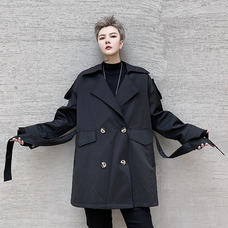 

New Korean Style Fashion Classic Double Breasted Waistband Men's Short Trench Autumn Casual Male Wind Coat Overcoat Streetwear