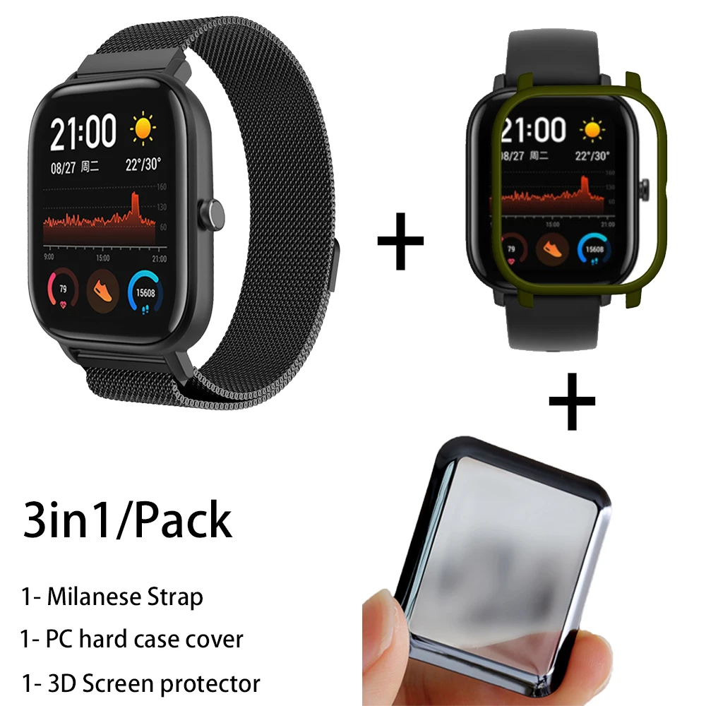 black-army green 3в1 наручный ремешок для Amazfit GTS PC чехол металлический Миланский Браслет для Huami Amazfit gts ремешок для 3D экрана Защитная пленка - Цвет: black-army green