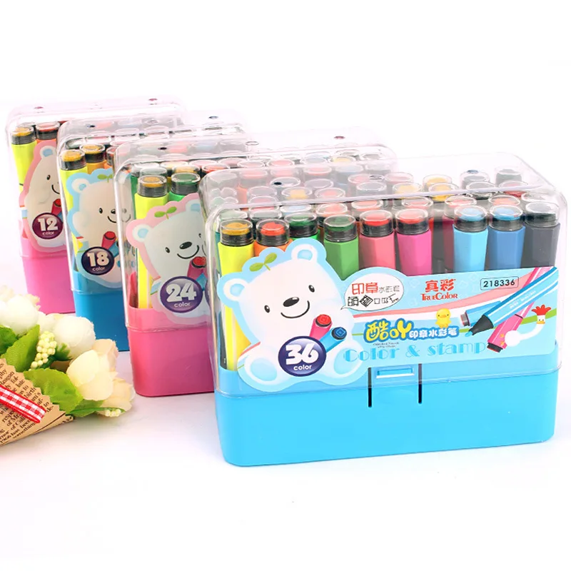 

ZHENCAI Cool Acridine with Stamp Watercolor Pen 12/18/24/36-Color-Washing Young CHILDREN'S Drawing Pen Set