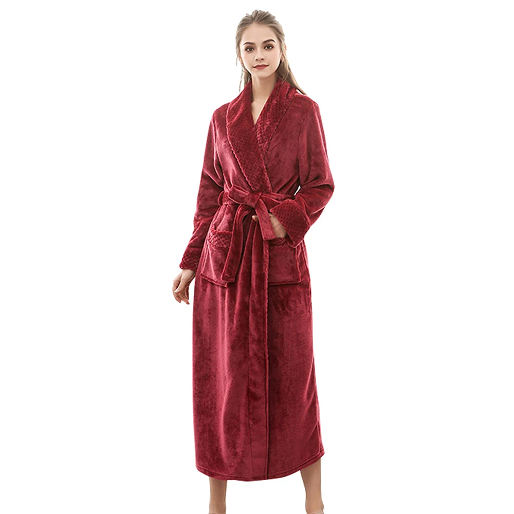 Wine red Ночные рубахи для двоих, женское Коралловое кимоно из рунной шерсти, халат, зимняя плотная теплая ночная рубашка для пары, Фланелевое банное платье, одежда для сна, большая длинная ночная рубашка - Цвет: Wine red