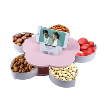 

Rotating Snacks Plate Food Candy Nuts Storage Box With Mobile Phone Holder Party Snack Organizer Dishes Space Saving