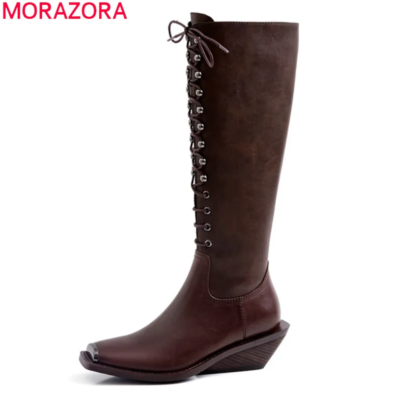 MORAZORA; Новинка года; брендовые классические сапоги до колена; модная женская обувь на танкетке с квадратным носком на шнуровке; женские сапоги из натуральной кожи