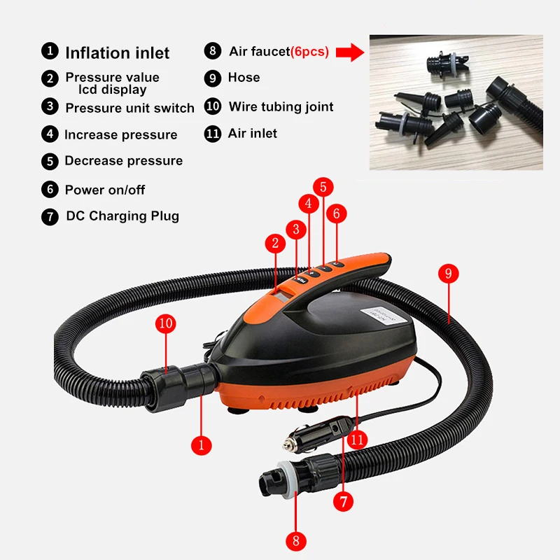 ЖК-экран 20PSI 12 В DC Электрический воздушный насос Надувное шин насос с 6 насадками для надувных диванов матрас плот кровать
