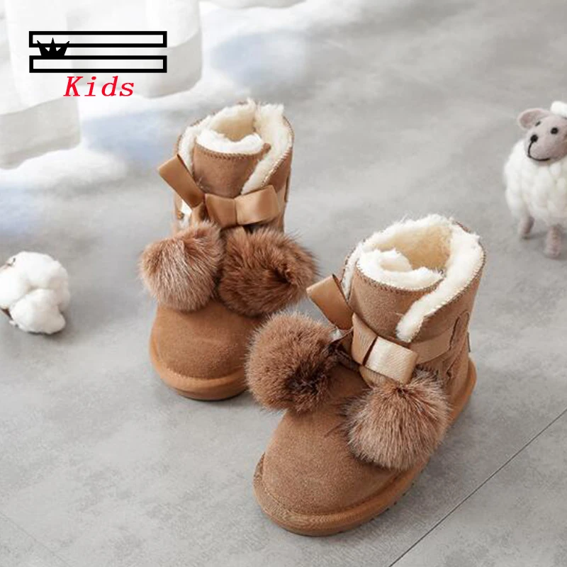 SHUANGGUN New Children Boots For Girls Kids Snow Boots Genuine Sheepskin Leather Natural Fur Warm Winter Shoes#K001