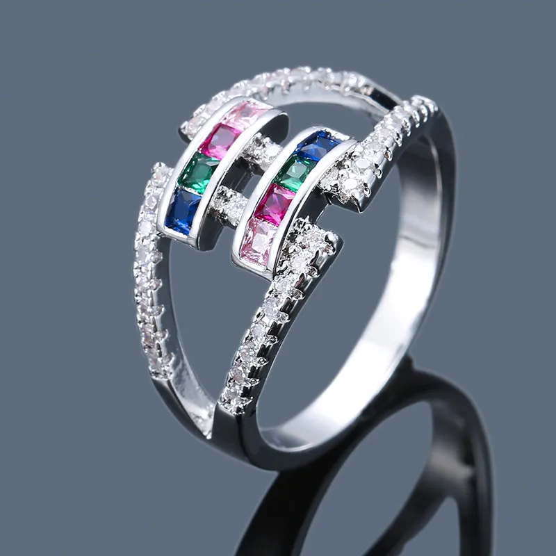 

Cute Female Ladies Small Square Ring New Fashion Silver Gold Rainbow Party Ring Vintage Wedding Rings For Women
