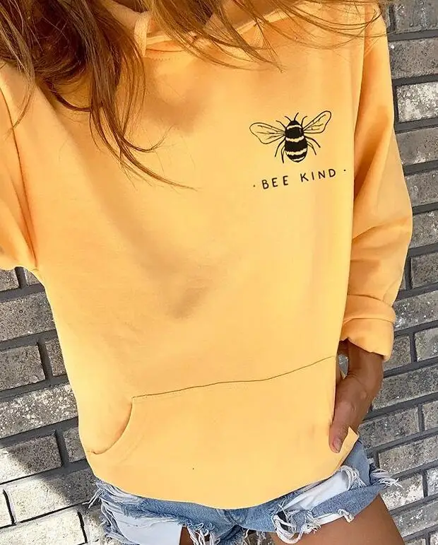 Женские толстовки с капюшоном BEE KIND, модные топы с надписями и графическим принтом, хлопок, Зимние толстовки, Прямая поставка
