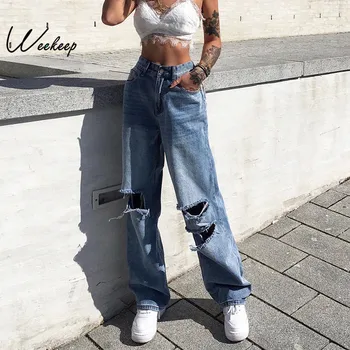 

2020 Sexy High Waist Hole Jeans Women Streetwear Straight Trousers Women Fashion Ripped Jeans For Women Pants
