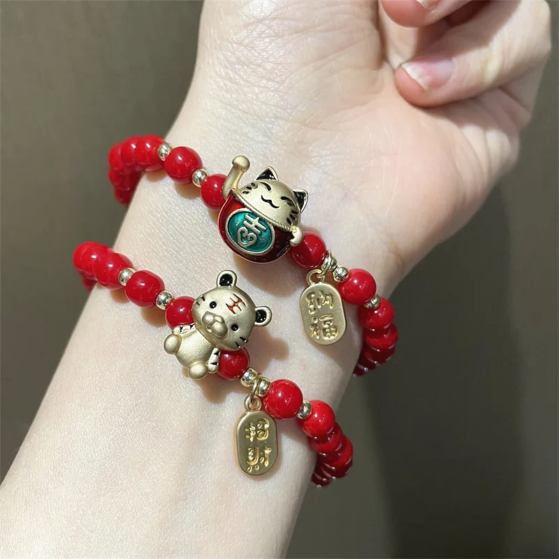 Lucky Tiger Head Bracelets Women Girls Red Crystal Beaded Charm Cat Bracelets & Bangles Gifts